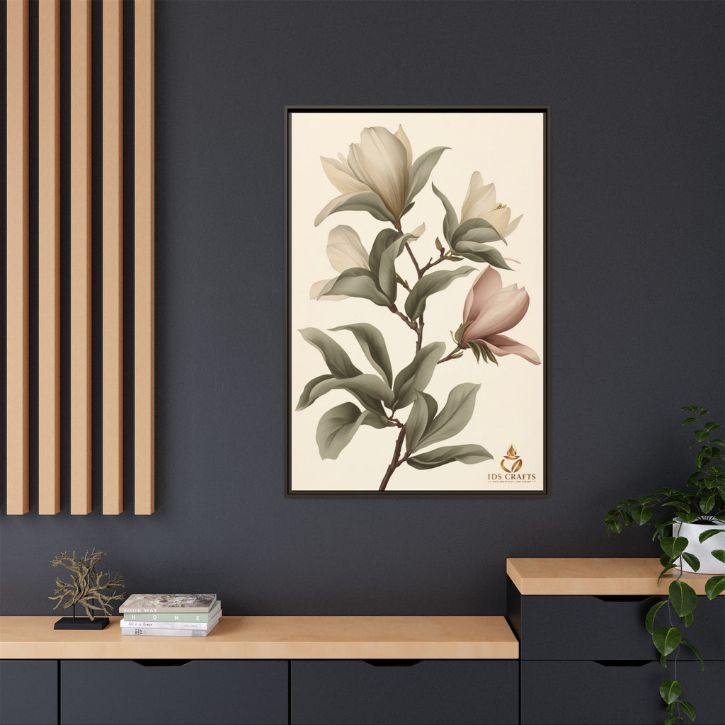 Framed Canvas Wall Art – Elegant Neutral Magnolia Botanical Print