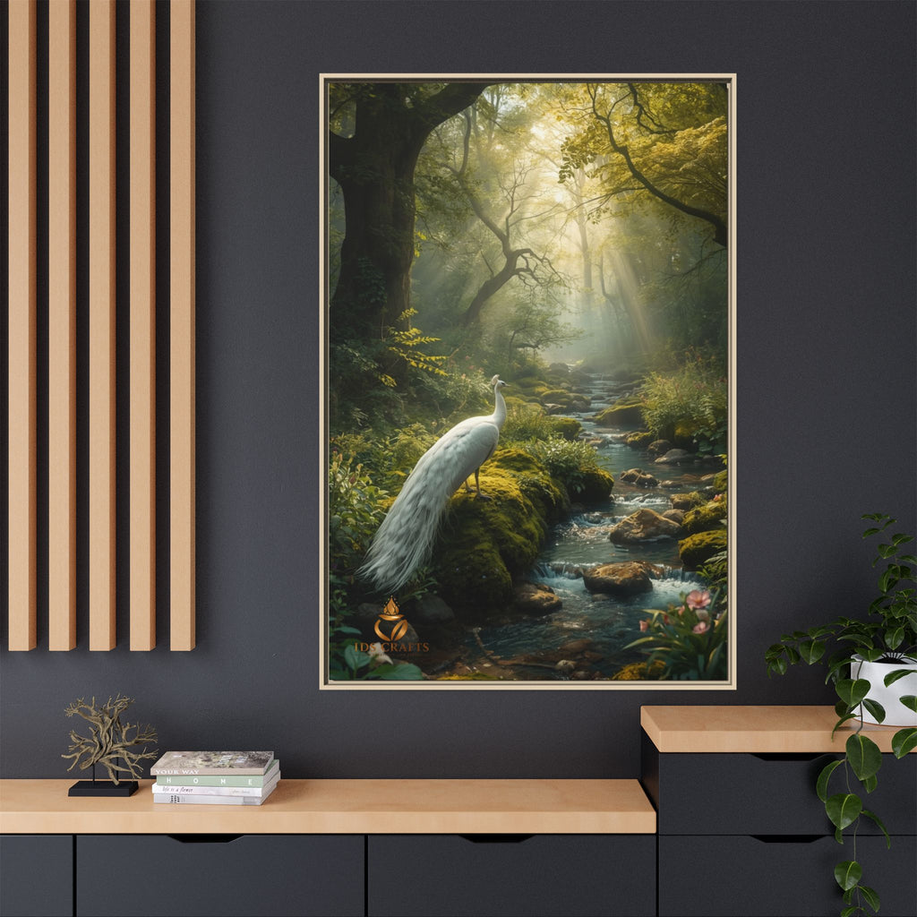 Framed Canvas Wall Art – White Heron in Enchanted Forest Stream