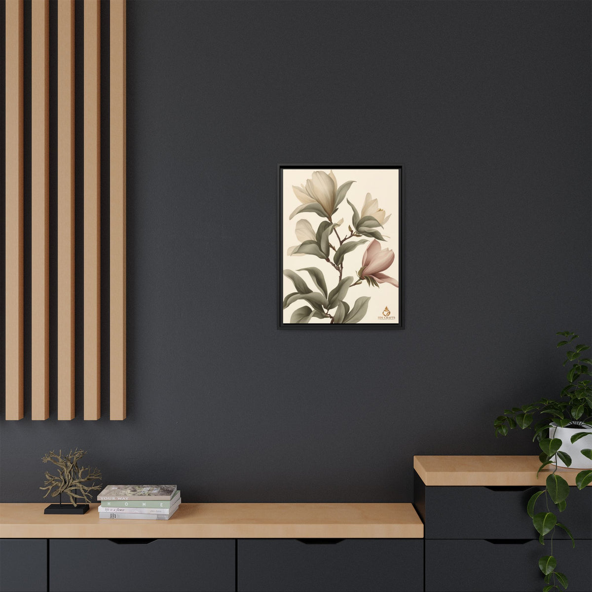 Framed Canvas Wall Art – Elegant Neutral Magnolia Botanical Print