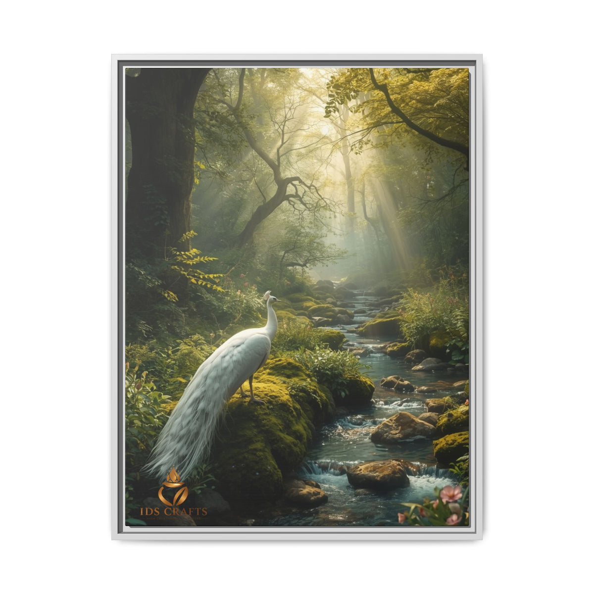 Framed Canvas Wall Art – White Heron in Enchanted Forest Stream