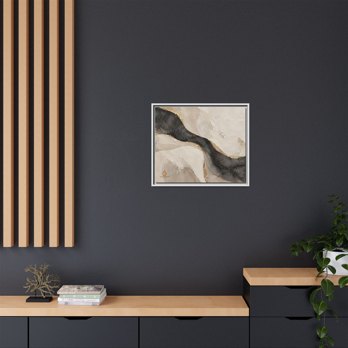 Framed Canvas Wall Art – Neutral Black, Beige & Gold Abstract