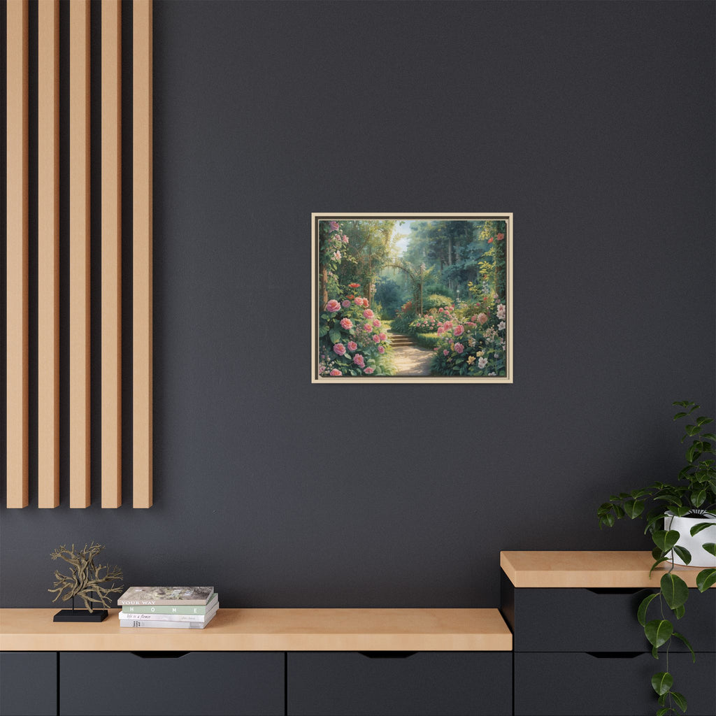 Framed Canvas Wall Art – Enchanting Cottage Garden Path with Pink Roses