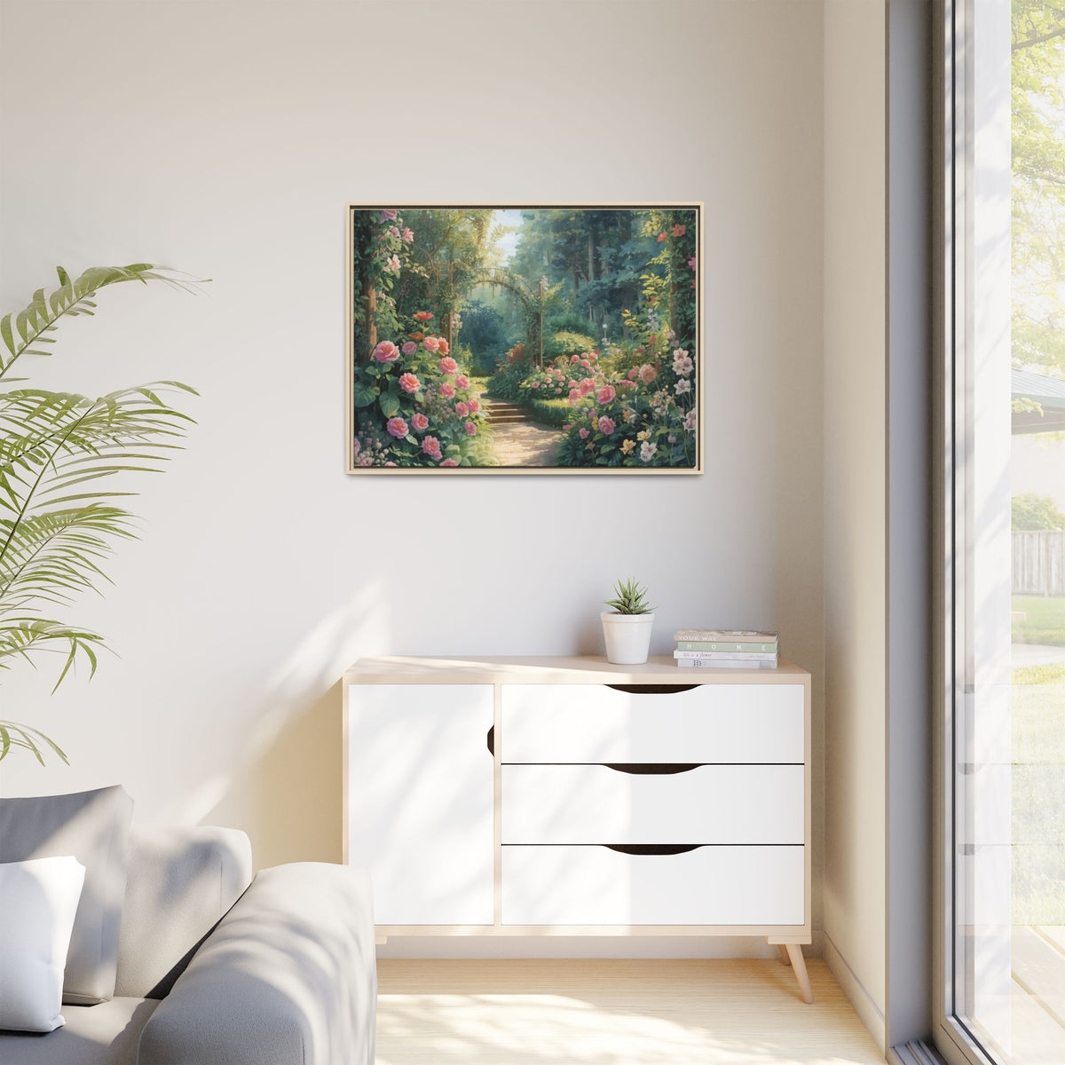 Framed Canvas Wall Art – Enchanting Cottage Garden Path with Pink Roses