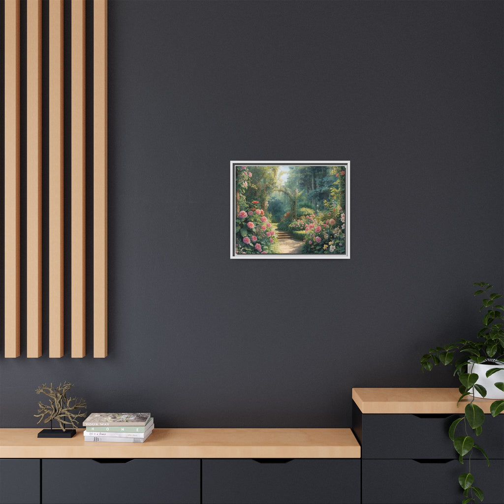 Framed Canvas Wall Art – Enchanting Cottage Garden Path with Pink Roses