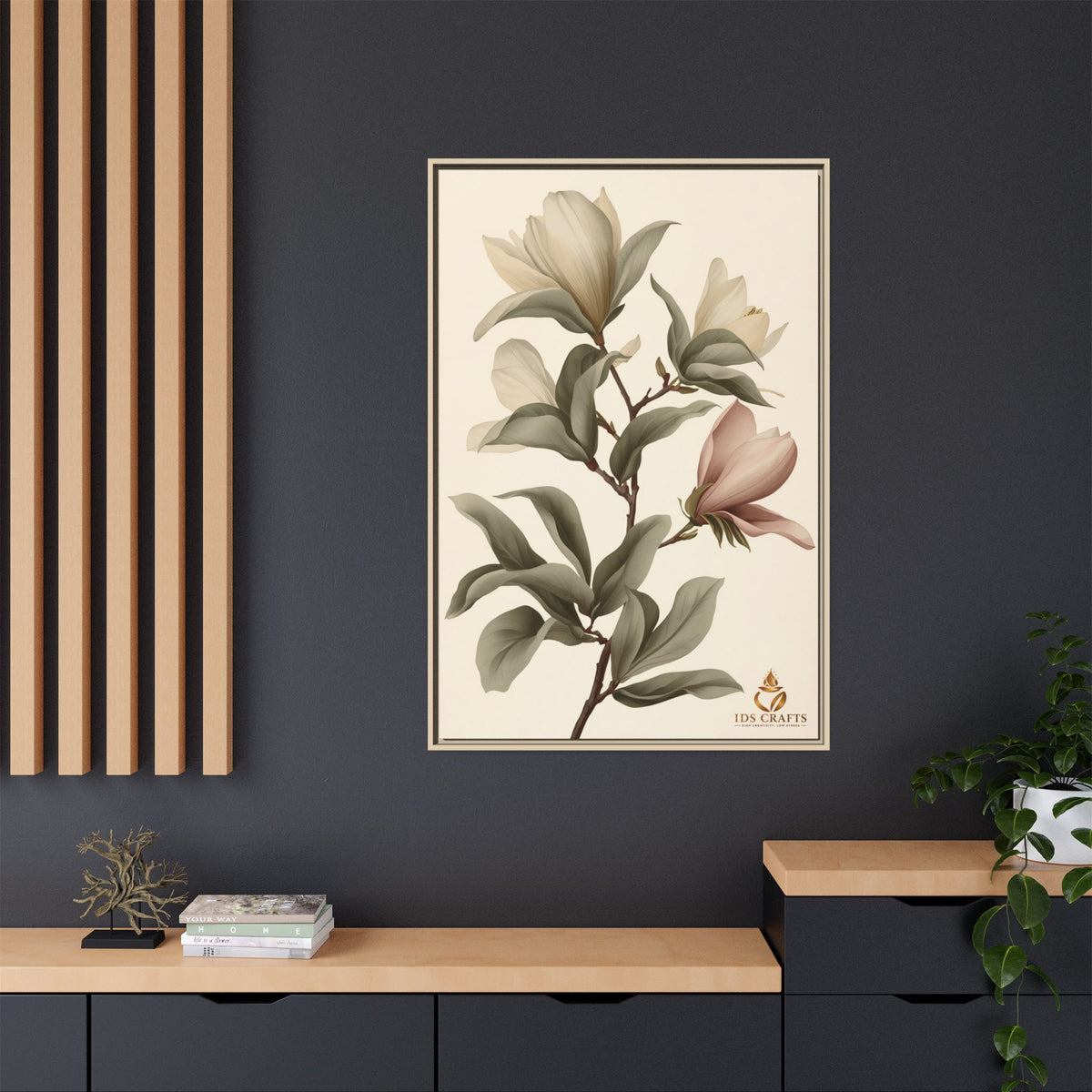 Framed Canvas Wall Art – Elegant Neutral Magnolia Botanical Print
